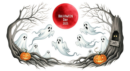Halloween 2025 scene with ghosts, pumpkins, and red moon