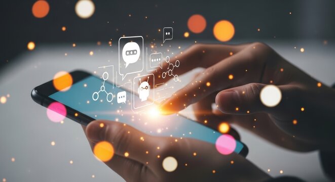 Person using a smartphone with glowing digital icons and bokeh lights - Powered by Adobe