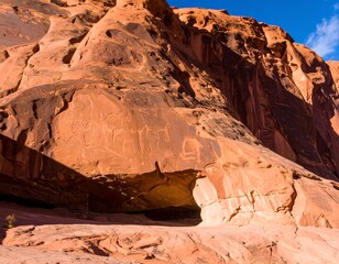 Ancient rock carvings on a sandstone cliff