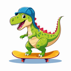 Obraz premium Cute cartoon T-Rex dinosaur character riding a skateboard. A fun and cool prehistoric animal illustration for kids.