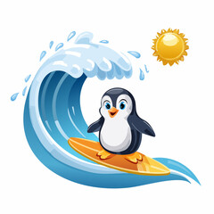 Naklejka premium A cheerful cartoon penguin enjoys summer surfing on a big ocean wave. Fun character illustration for kids.