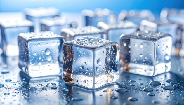 Cool Cubes: A refreshing view of multiple ice cubes glistening with condensation, capturing a sense of coolness and refreshment. 