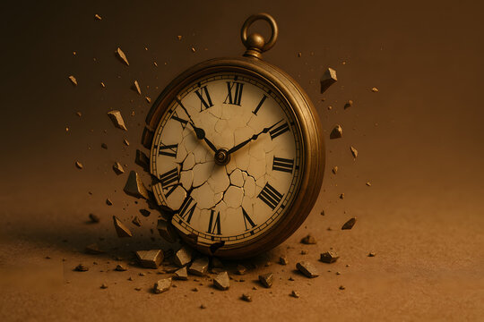 Vintage pocket watch exploding into fragments, broken antique clock shattering in dramatic slow motion, concept of time destruction, aging, deadline pressure, fleeting moments, passage of time, life e