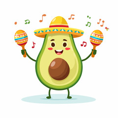 Fototapeta premium A cheerful cartoon avocado character wearing a sombrero and playing colorful maracas for a Mexican fiesta celebration.