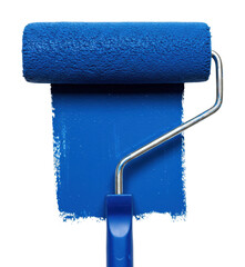 Obraz premium Painting action with blue roller home space capture indoor setting creative concept. Cut out png