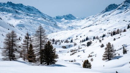 Snowy mountain valley with pine trees