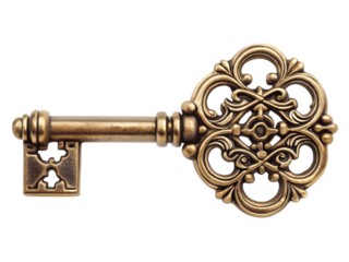 Antique golden key with ornate design isolated on transparent background