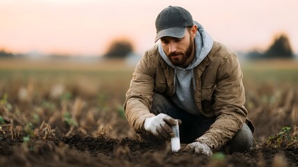 Agronomist analyzing soil samples in rural field