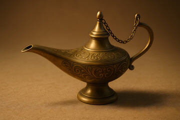 Antique brass Aladdin lamp with intricate engraved patterns on warm brown background, magical genie oil lamp artifact, vintage Middle Eastern decor collectible, mystical wish granting object photograp