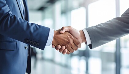 Two businessmen in suits shaking hands, signifying a successful deal or partnership.