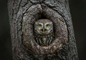 Curious Owlet in Tree Hollow