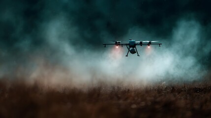 Drone spraying fertilizer over field in precision farming