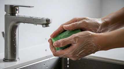 Close-up of hands lathering with a bar of soap under running water from a faucet for good personal hygiene.