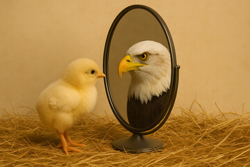 Small yellow chick standing on hay looking into oval mirror reflecting fierce bald eagle head, self confidence motivation concept, transformation growth and aspiration metaphor, courage and determinat