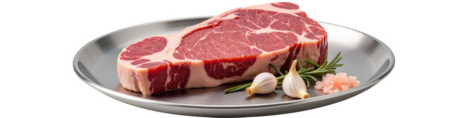 Fototapeta premium Fresh meat cut on silver plate with herbs, garlic, and salt, showcasing high quality and rich marbling, perfect for gourmet cooking