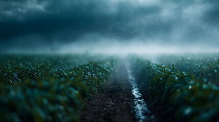 Irrigated agricultural field under stormy skies