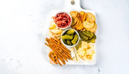 Festive Oktoberfest appetizer platter with assorted cheeses, pretzels, crackers, and pickles on a white board.