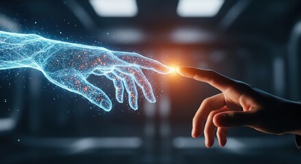 Human finger touches digital holographic hand creating a spark of connection and innovation