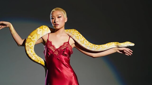 Woman in Red Lingerie with Albino Python Drape Posing in Studio Video