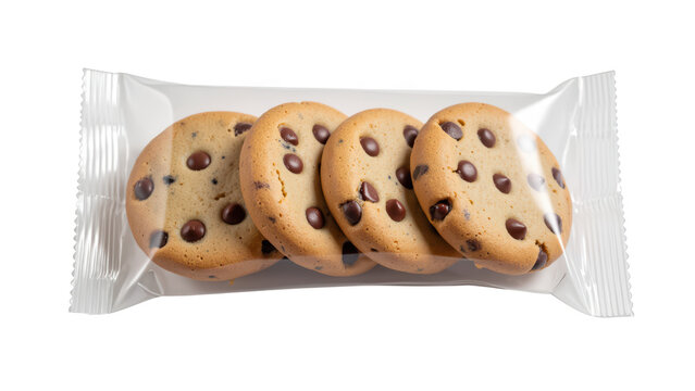 Delicious chocolate chip cookies packaged in clear wrapper, perfect for sweet snack or dessert. Enjoy rich flavor and soft texture