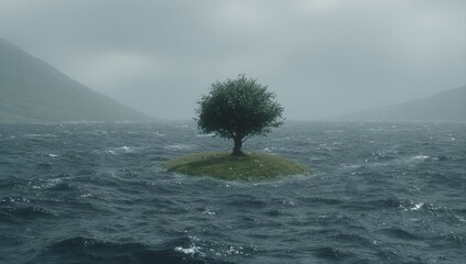 A lone tree stands on a small island amidst stormy seas