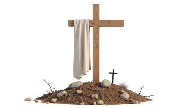 Wooden cross stands mound of earth, adorned with white cloth draped over it. Surrounding base are various stones and small plants, creating serene