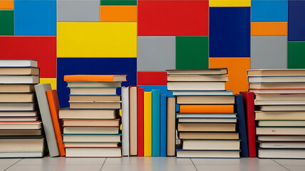 A collection of hardcover books organized in stacks and rows on a shelf in front of a vibrant, multicolored geometric background.