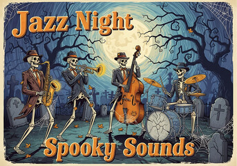 Skeletal jazz band performing in a halloween graveyard