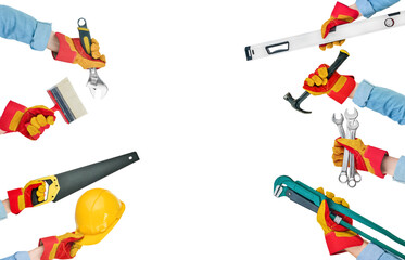 Set of hands mans male workers holds different tools hammer, wrench, screwdriver, pliers isolated on white with background with clipping path. Labor day or hardware store concept. Design element