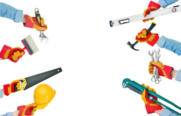 Set of hands mans male workers holds different tools hammer, wrench, screwdriver, pliers isolated on white with background with clipping path. Labor day or hardware store concept. Design element