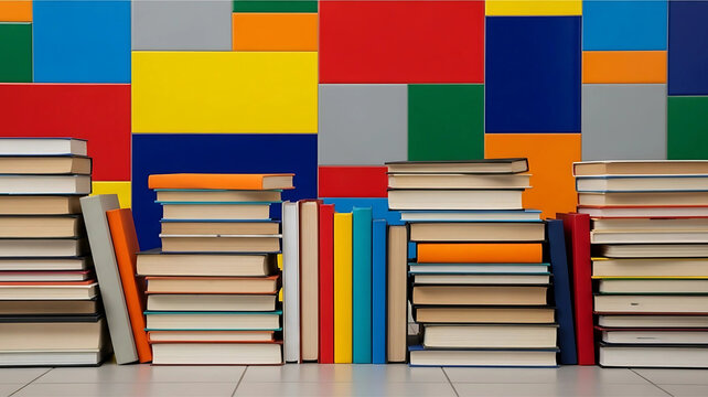 A collection of hardcover books organized in stacks and rows on a shelf in front of a vibrant, multicolored geometric background.