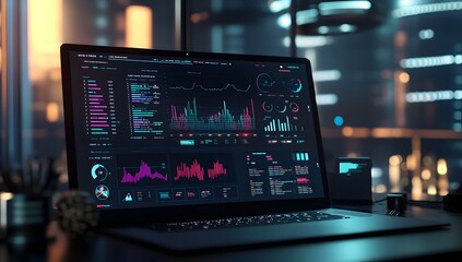 3D rendering of a data visualization dashboard with graphs and charts, a laptop computer displaying social media marketing analytics on the screen, against a dark background with focused lighting,