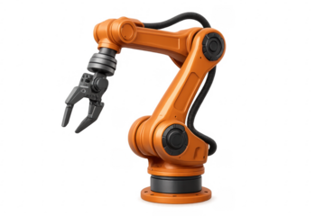 Orange robotic arm extending on transparent background