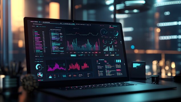 3D rendering of a data visualization dashboard with graphs and charts, a laptop computer displaying social media marketing analytics on the screen, against a dark background with focused lighting, - Powered by Adobe