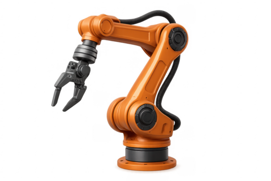 Orange robotic arm extending on transparent background