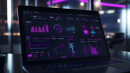 3D rendering of a data visualization dashboard with graphs and charts, a laptop computer displaying social media marketing analytics on the screen, against a dark background with focused lighting,