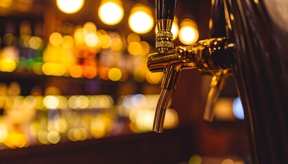 Golden beer taps at a brewery pub, ready for a traditional Oktoberfest celebration with a bokeh light background.