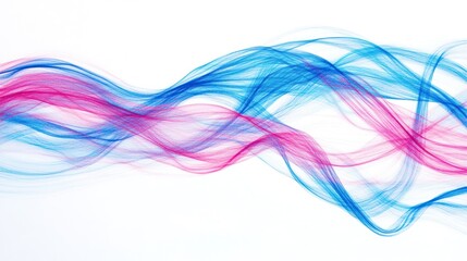 Abstract pink and blue wavy smoke design on white background.