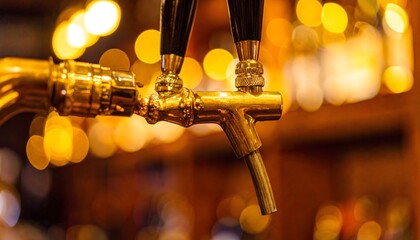 Shiny golden beer taps in a bar with bokeh lights, ready for the Oktoberfest festivities.