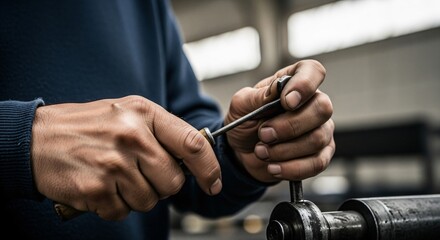 Close-up of a craftsmans hands meticulously working on a metal part in a workshop.