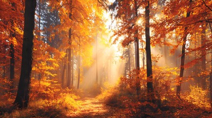 Fototapeta premium Sunlight streams through a forest of vibrant autumn trees.