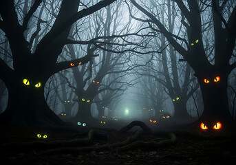 Spooky forest with glowing eyes in trees, halloween theme