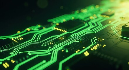 Obraz premium Vibrant green circuit board traces illuminated with digital data flow and technology concept