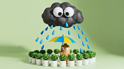 Whimsical 3D illustration of a figure sheltering from a personified rain cloud with a colorful umbrella amidst potted plants