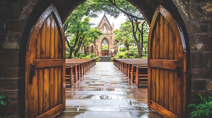 Open wooden doors revealing a historic church with beautiful architecture