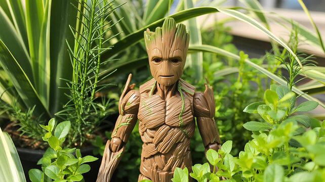 Close-up of a detailed fantasy tree-creature figure standing in a lush, sunlit garden among vibrant green plants and foliage. - Powered by Adobe