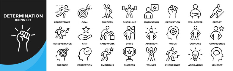 Determination icon collection set. Containing design Persistence, Goal, Discipline, Motivation, Success