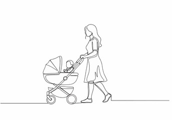 A young mother walks while pushing her baby in a modern stroller, depicted in a continuous single line drawing style.