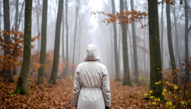 Woman walks misty autumn forest