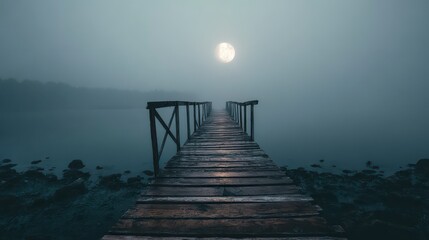 Obraz premium Foggy Wooden Bridge Halloween Banner with Moonlit Atmosphere ,Happy halloween, halloween banner, halloween banner with copy space for text. 